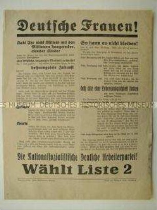 Wahlflugblatt der NSDAP zur Reichstagswahl am 31. Juli 1932 mit Ausrichtung auf die Frauen