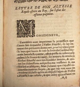 Lettre de Son Altesse Royale ... au Roy, sur l'estat des affaires présentes