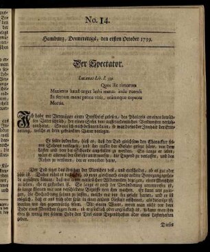 No. 14. Hamburg, Donnerstags, den ersten October 1739.