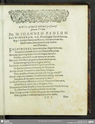 Ad CL. & multa doctrina praestantissimum Virum Dn. M. Joannem Paulum Felwingerum ... fautorem suum honoratissimun