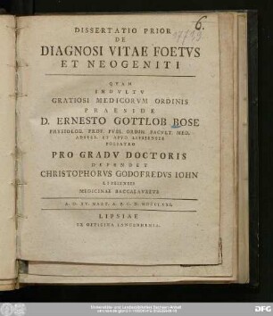 Dissertatio Prior: De Diagnosi Vitae Foetvs Et Neogeniti