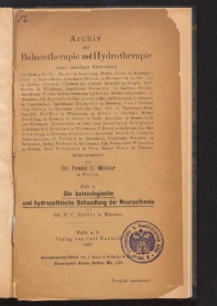 Die balneologische und hydropathische Behandlung der Neurasthenie