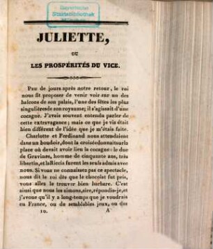 La Nouvelle Justine ou les malheurs de la vertu : suivie de l'histoire de Julietta, sa soeur ; Ouvrage orné d'un frontispice et de 100 sujets gravés avec soin. 10. - 352 S. : 10 Ill.