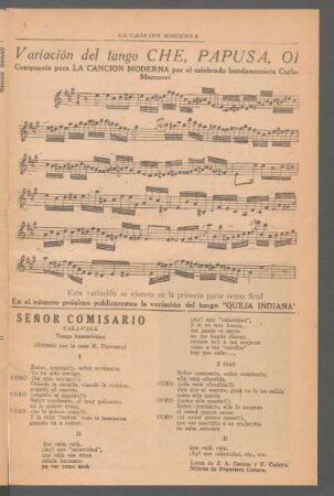 Señor Comisario : Calá-Calá. Tango humorístico. (Editado por la casa H. Pirovano)