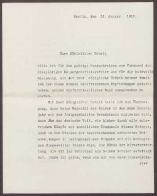 Schreiben von Theobald von Bethmann Hollweg an die Großherzogin Luise; Dank für den Glückwünsche zum Kaisergeburtstag