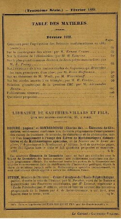 Table des matières. Février 1888.