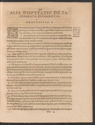 Alia Disputatio De Sacramento Eucharistiae.