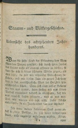 Staaten- und Völkergeschichte. Uebersicht des achtzehenden Jahrhunderts