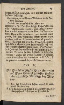 Cap. II. Die Durchlauchtigste Ertz-Hertzogin und Dero Gemahl genießen sonderliche väterliche Vorsorge des Käysers