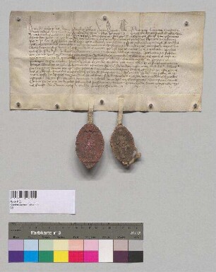 Abt Johann und der Konvent von Kloster Vornbach (Formbach) nehmen das Kloster Seeon in ihre Gebetsverbrüderung auf. S1: Abt Johann v. Kl. Vornbach, S2: Konvent v. Vornbach