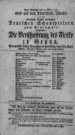 Theaterzettel zu "Die Verschwörung d. Fiesco zu Genua" von Friedrich Schiller im Kurfürstlichen Theater Dresden am 13. März 1786