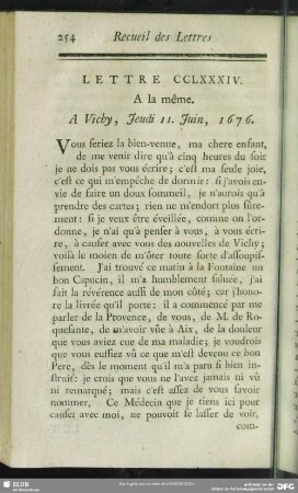 Lettre CCLXXXIV. A la même. A Vichy, Jeudi 11. Juin, 1676