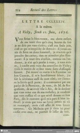 Lettre CCLXXXIV. A la même. A Vichy, Jeudi 11. Juin, 1676