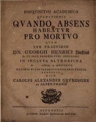Disquisitio academica quaestionis Quando absens habeatur pro mortuo
