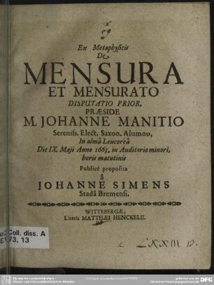 1: Ex metaphysicis de mensura et mensurato disputatio ...