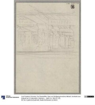 Die Zauberflöte. Oper von Wolfgang Amadeus Mozart. Vorstudie zum Entwurf zur 9. Dekoration. Innenansicht eines ägyptisierenden, mit Steinplatten gedeckten Raumes