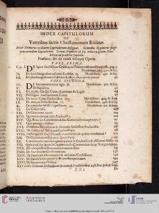 Index Capitulorum de Veteribus sacris Christianorum Ritibus.