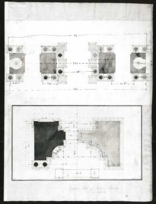 Entwurf für einen Triumphbogen : Entwurf für einen Triumphbogen (?). Grundrisse. Blatt 24. Feder, Tusche, laviert; 50,7 x 37,4 cm (Blattgröße). Aus: Plans et elevations des differentes maisons et batiments, 1750. Verwalter: Sächsische Landesbibliothek - Staats- und Universitätsbibliothek Dresden (SLUB) Archit.269