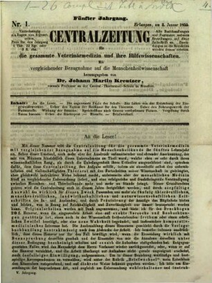 Centralzeitung für die gesammte Veterinärmedizin und ihre Hilfswissenschaften : mit vergleichender Bezugnahme auf d. Menschenheilwissenschaft. 5. 1855