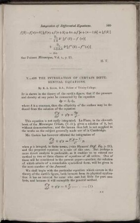 V. - On the integration of certain differential equations.