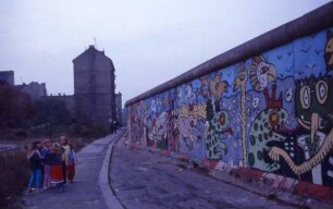 Mädchengruppe an der bemalten Grenzmauer 75 am Bethaniendamm