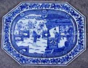 Achteckige Platte mit chinesischen Architektur- und Landschaftsmotiven in Blaumalerei (Konvolut von 5 Platten)