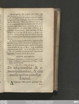Tit. VII. (VIII. 48. 49.) De adoptionibus & emancipationibus, & aliis modis quibus potestas solvitur.