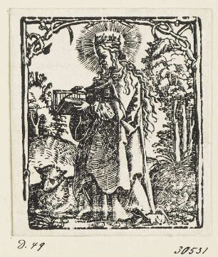 Heilige Agnes, aus: Jean Clein, "Hortulus anime cum alijs appluri=mis orationibus pristine impressioni superadditis: vt tabulam in huius cal ce annexam intuenti patentissium erit", Nürnberg