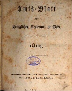 Amtsblatt der Königlichen Regierung zu Cleve. 1819