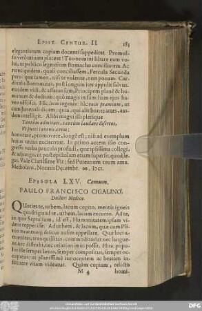 Episola LXV. Comum. Paulo Francisco Cigalino, Doctori Medico.