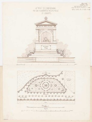 Gefallenendenkmal, Liegnitz Monatskonkurrenz Februar 1872: Lageplan, Aufriss Vorderansicht, Geländeschnitt; 2 Maßstabsleisten