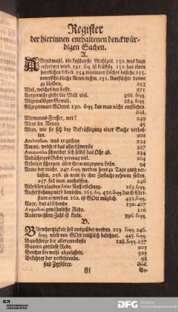 Register der hierinnen enthaltenen denckwürdigen Sachen.