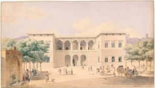 Akademie, Bibliothek und Museum, Athen: Perspektivische Ansicht der Hauptfassade
