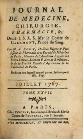 Journal de médecine, chirurgie, pharmacie. 27. 1767