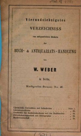 Verzeichnis antiquarischer Bücher. 74. [ca. 1867]