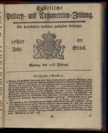 6tes Stueck, Montag den 11ten Februar. 1782