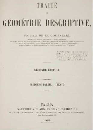 Partie 3: Traité de géométrie descriptive. Troisième Partie