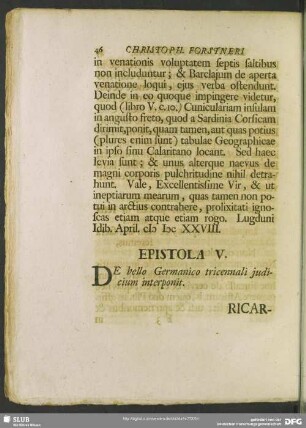 Epistola V. De bello Germanico tricennali iudicium interponit : [Neostemii XII. Cal. Mart. MDCXXX.]