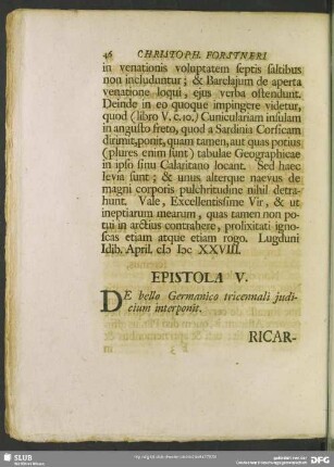 Epistola V. De bello Germanico tricennali iudicium interponit : [Neostemii XII. Cal. Mart. MDCXXX.]
