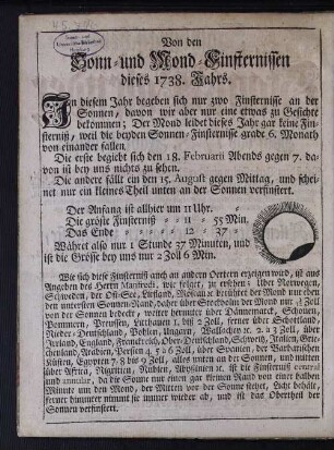 Von den Sonn- und Mond-Finsternissen dieses 1738. Jahrs.