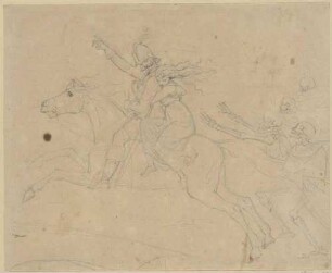 Zu Bürgers "Leonore", Blatt 5: Leonore und Wilhelm zu Pferde von Gerippen verfolgt (Entwurf)