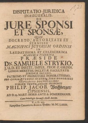 Disputatio Iuridica Inauguralis. De Iure Sponsi Et Sponsae
