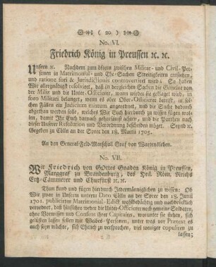 No. VI. Friedrich König in Preußen [et]c. [et]c.