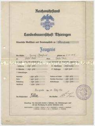 Zeugnis der Bäuerlichen Wehrschule und Beratungsstelle Bleicherode - Personenkonvolut