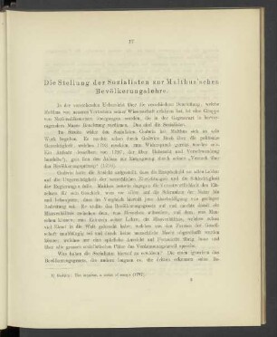 Die Stellung der Sozialisten zur Malthus'schen Bevölkerungslehre.