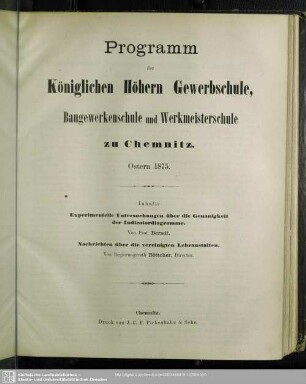 1875: Programm der Königlichen Höhern Gewerbschule, Baugewerkenschule, Werkmeisterschule und Gewerbzeichenschule zu Chemnitz