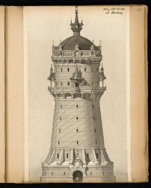 Wasserturm, Colmar Monatskonkurrenz März 1883: Aufriss Ansicht mit Eingang; Maßstabsleiste