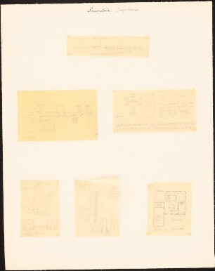 Festung mit Stadtmauer und Haus, Semendria: Zwei perspektivische Ansichten über die Donau hin, zwei perspektivische Ansichten von Wehrtürmen, Schnitt, Details (altgriechische Inschriften), Grundriss eines Hauses (sechs Blätter)