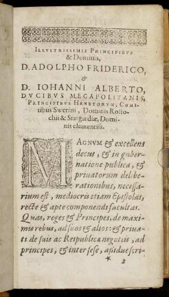 Illustrissimis ... Dominis, D. Adolpho Friderico & D. Iohanni Alberto, Ducibus Megapolitanis ...