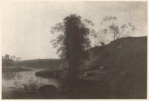 Flußlandschaft mit drei badenden Hirtinnen, rechts auf Anhöhe eine Kuh